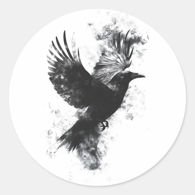 Gothic Raven Illustration: Smoke and Feathers Classic Round Sticker (Front)