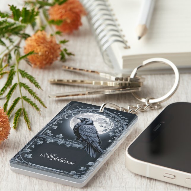 Gothic Raven Moon Dark Academia Key Ring (Front Right)