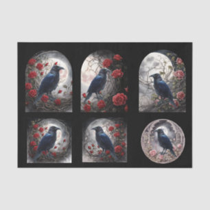 Gothic Raven Moon & Red & Pink Roses Decoupage Tissue Paper