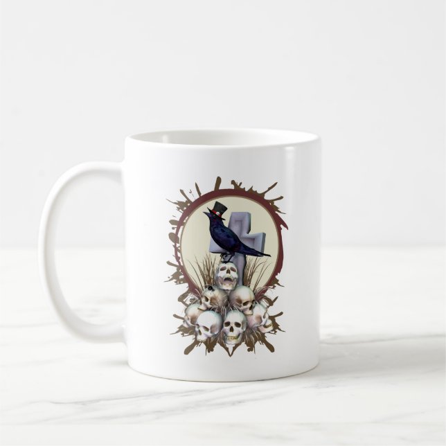 Gothic Raven on Pile of Skulls Bird Mug (Left)