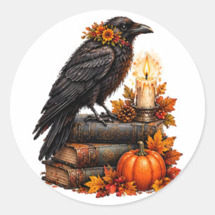 Gothic Raven Pumpkin Halloween Books Classic Round Sticker