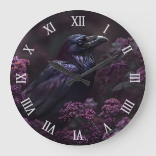 Gothic Raven Purple Flowers Large Clock