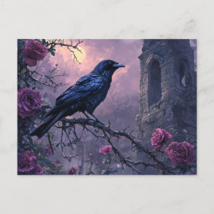 Gothic Raven Purple Roses Postcard