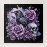 Gothic Raven Purple Roses Skull Jigsaw Puzzle<br><div class="desc">A darkly elegant design featuring a gothic raven perched beside a skull and surrounded by purple roses,  blending mystery,  beauty,  and symbolism.</div>