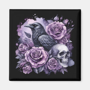 Gothic Raven Purple Roses Skull Magnet
