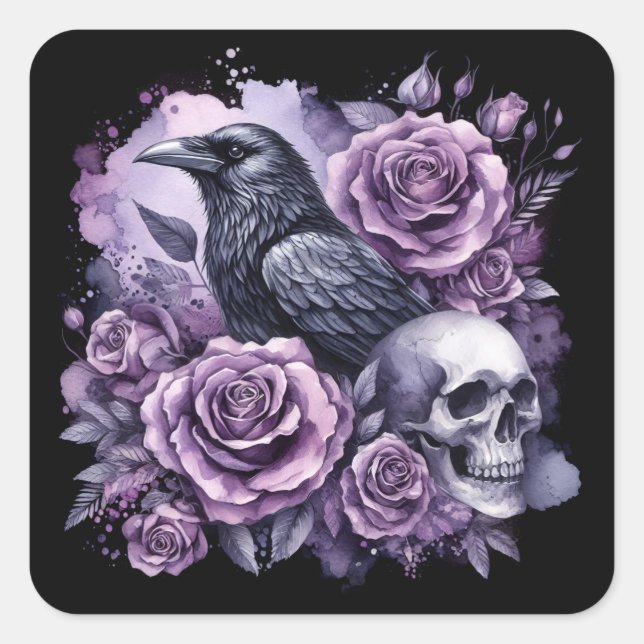 Gothic Raven Purple Roses Skull Square Sticker (Front)