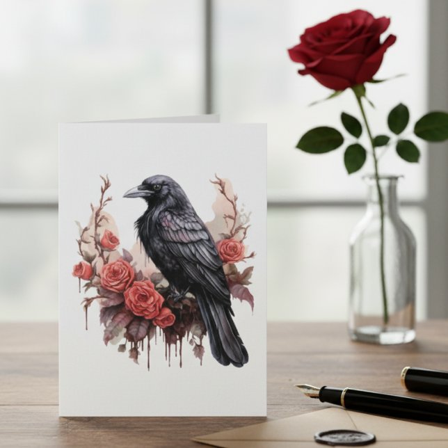 Gothic Raven Red Rose Dark Academia Note Card (Black raven with roses blank note card)