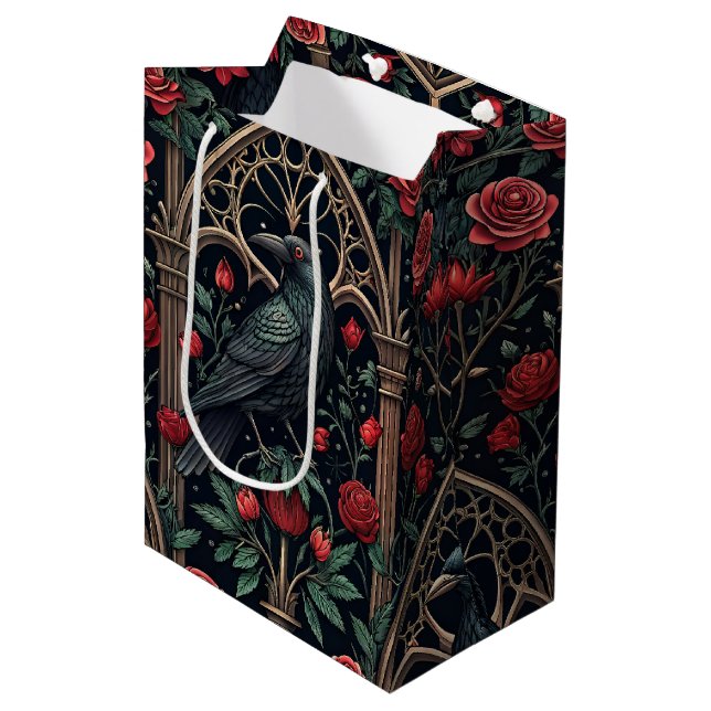 Gothic Raven Roses Ornate Pattern Medium Gift Bag (Front Angled)