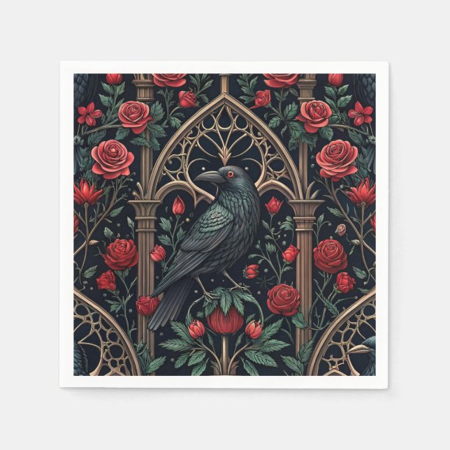 Gothic Raven Roses Ornate Pattern Napkin (Front)