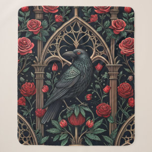 Gothic Raven Roses Ornate Pattern Sherpa Blanket