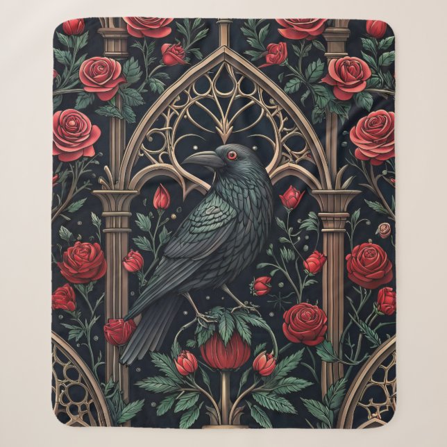 Gothic Raven Roses Ornate Pattern Sherpa Blanket (Front)