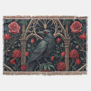 Gothic Raven Roses Ornate Pattern Throw Blanket