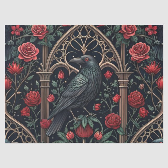 Gothic Raven Roses Ornate Pattern Tissue Paper (Front)