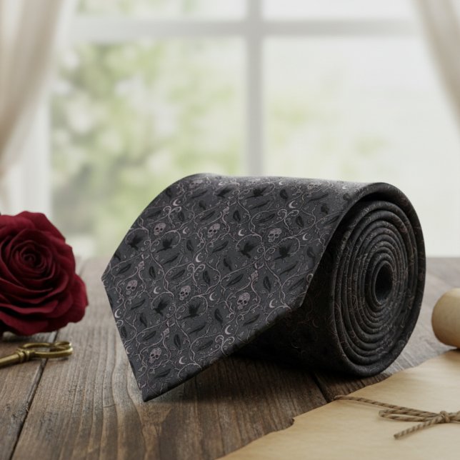 Gothic Raven Skull Pattern Tie (This dark raven skull necktie is perfect for the groom at a gothic wedding.)