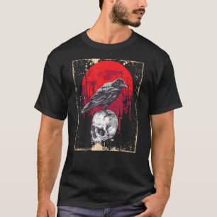 Gothic Raven Skull Red Moon Black Crow T-Shirt