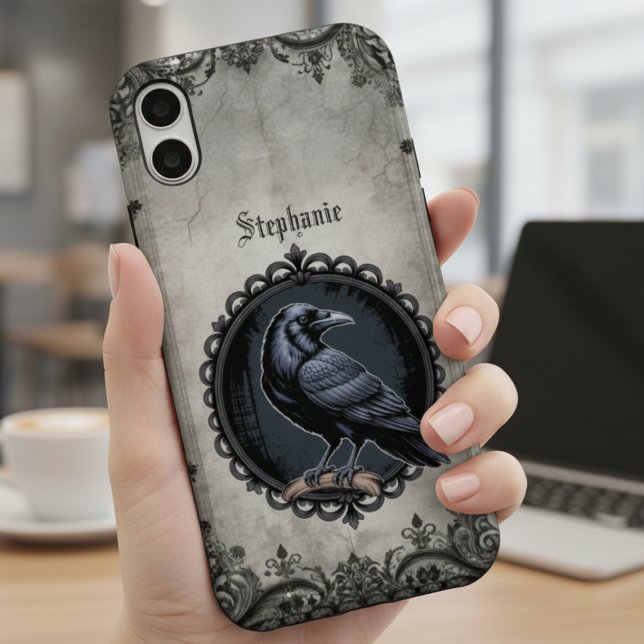 Gothic Raven Spiral iPhone 16 Case (Personalized gothic raven phone case)