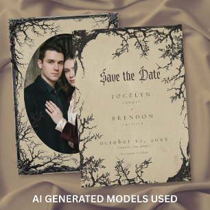 Gothic Raven Tree Black Tan Wedding Photo Save The Date