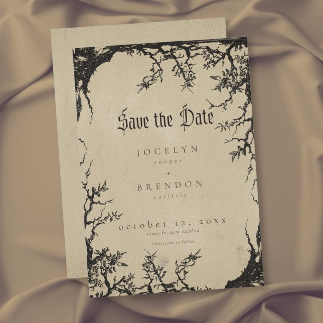 Gothic Raven Tree Engraving Black Tan Wedding Save The Date (Gothic Raven Tree Engraving Black Tan Wedding Save The Date)