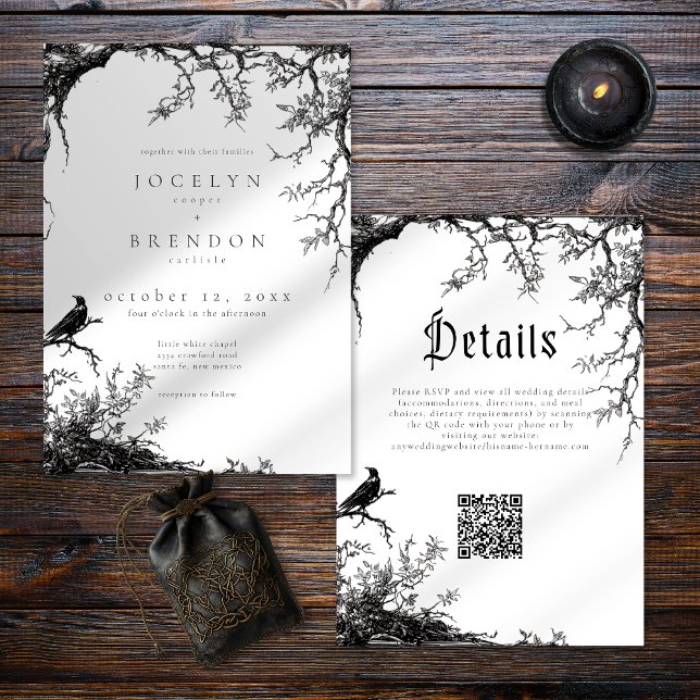 Gothic Raven Tree Engraving Black White Wedding Invitation (Creator Uploaded)
