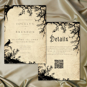 Gothic Raven Tree Engraving Parchment Tan Wedding Invitation