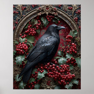 Gothic Raven with Holly and Berries Poster