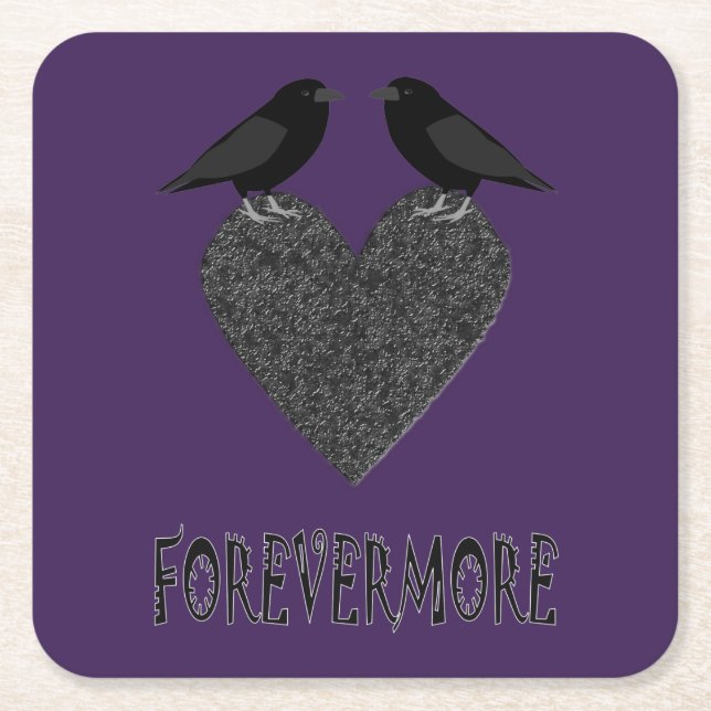 Gothic Ravens and Black Heart Square Paper Coaster (Front)