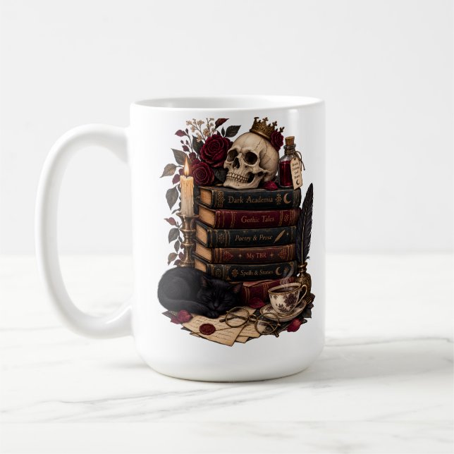 Gothic Reader Literary Bookworm Skull & Roses Coffee Mug (Left)