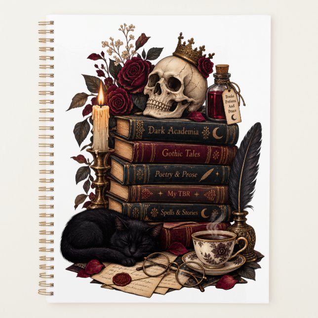Gothic Reader Literary Bookworm Skull & Roses Planner (Front)