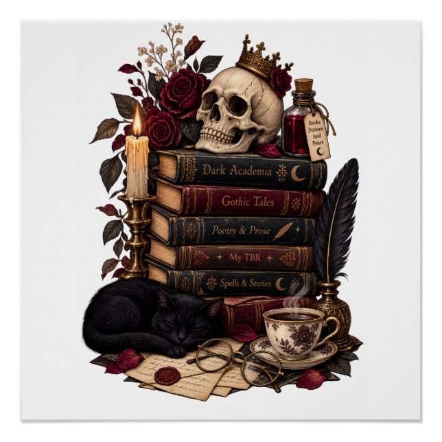 Gothic Reader Literary Bookworm Skull & Roses Poster (Front)