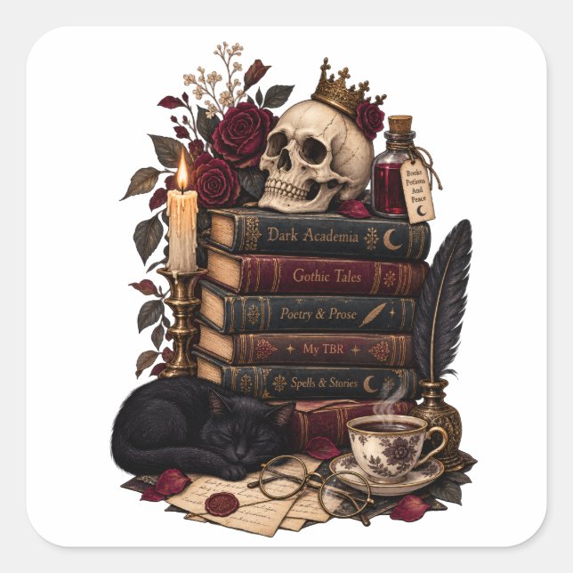 Gothic Reader Literary Bookworm Skull & Roses Square Sticker (Front)
