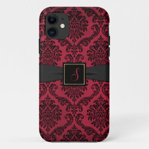 Gothic Red and Black Damask Monogrammed  iPhone 11 Case