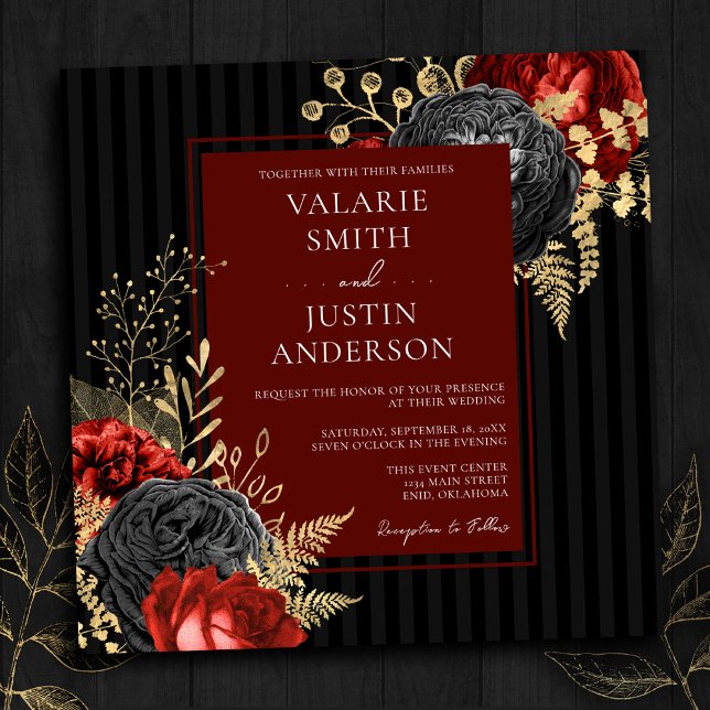 Gothic Red and Black Floral Budget Wedding Invitation (Creator Uploaded)
