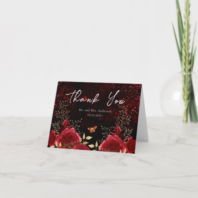 Gothic Red and Black Floral Wedding Thank You Card (Front)