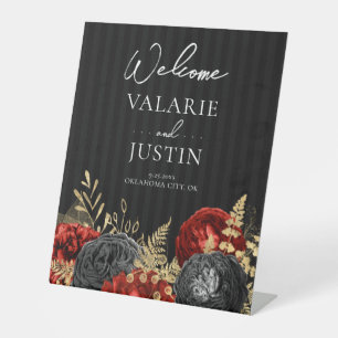 Gothic Red and Black Floral Welcome Wedding Pedestal Sign