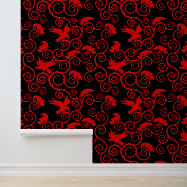 Gothic Red and Black Raven Victorian Gothic Home Wallpaper (Application)