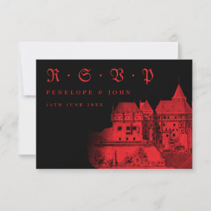 Gothic Red Black Castle Destination Wedding RSVP Card