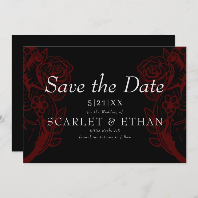 Gothic Red & Black Floral Heart Modern Wedding Sav Save The Date (Front/Back)