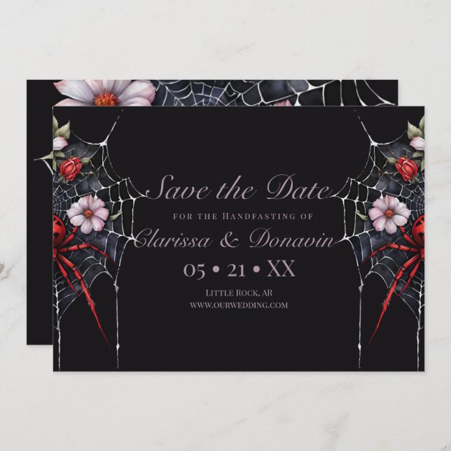 Gothic Red & Black Floral Spider Web Handfasting Save The Date (Front/Back)