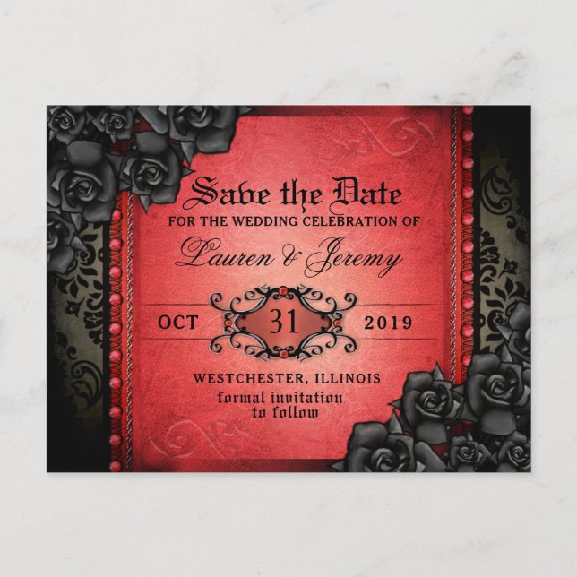 Gothic Red & Black Halloween Save Date PostCard (Front)