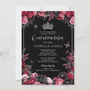 Gothic Red & Black Moody Florals Quinceañera Invitation