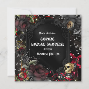 Gothic Red Black Roses & Skulls Bling Invitation