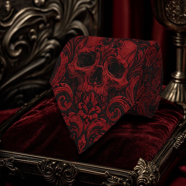 Gothic Red & Black Skull Damask Seamless Pattern | Tie (Gothic Red & Black Skull Damask Seamless Pattern | Neck Tie)