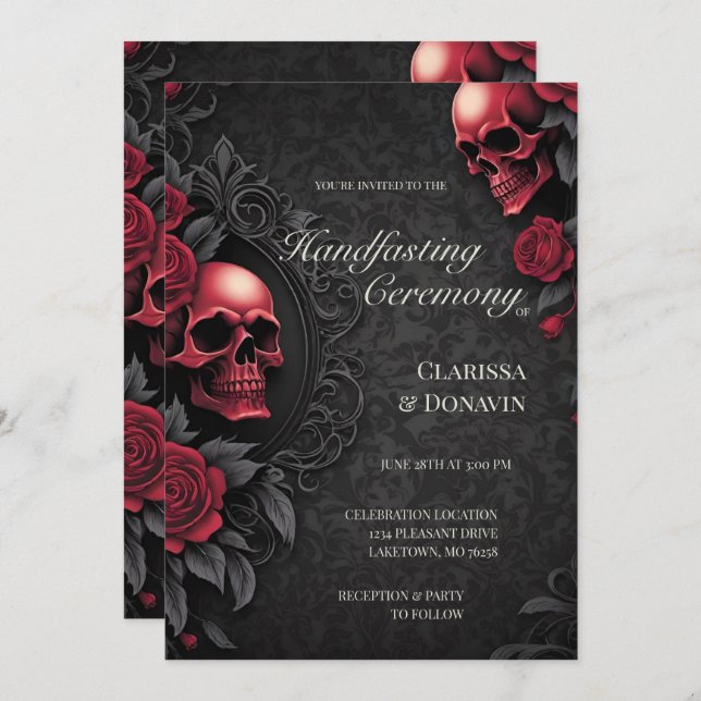 Gothic Red & Black Skull & Rose Damask Handfasting Invitation (Front/Back)