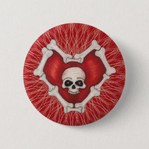 Gothic Red Bone Heart Skull in Centre Spiral Lines 6 Cm Round Badge