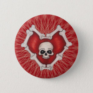 Gothic Red Bone Heart Skull in Centre Spiral Lines 6 Cm Round Badge