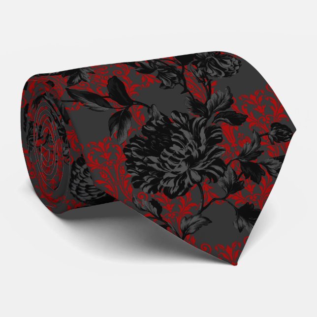 Gothic Red Damask Grey Black Floral Wedding  Tie (Rolled)