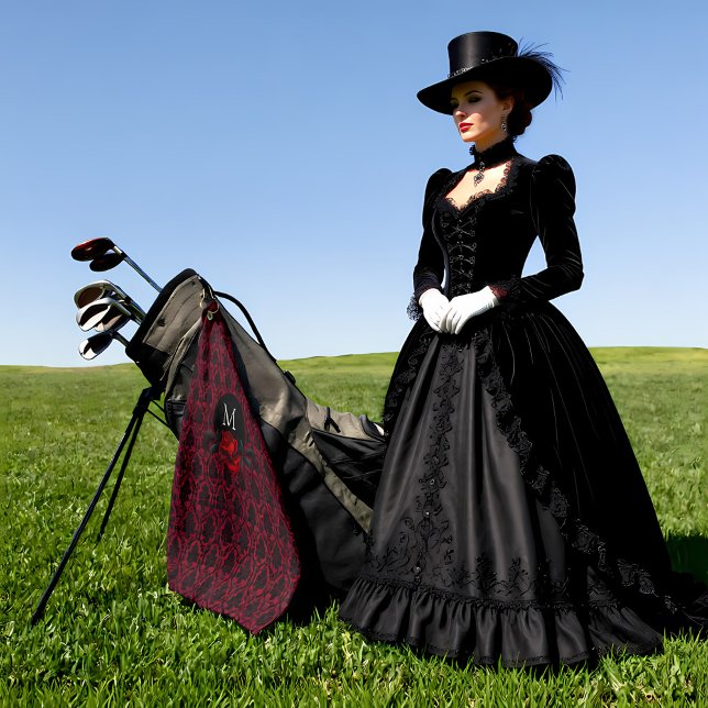 Gothic Red Damask Rose Monogram Golf Towel (Creator Uploaded)