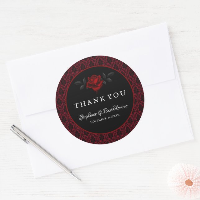 Gothic Red Damask Rose Wedding Classic Round Sticker (Envelope)