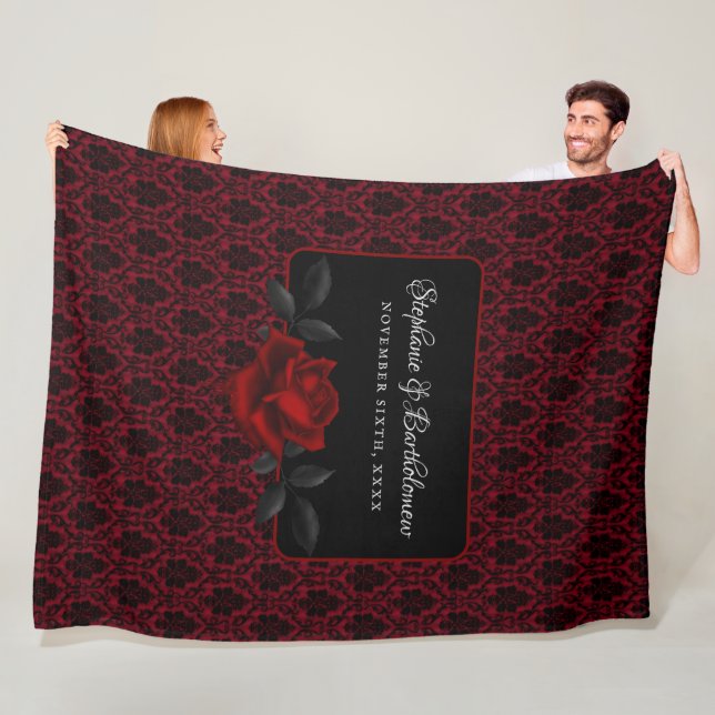 Gothic Red Damask Rose Wedding Fleece Blanket (In Situ)