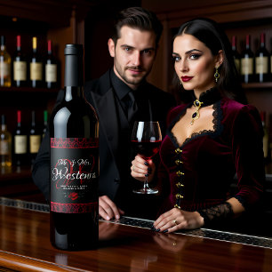 Gothic Red Damask Rose Wedding Wine Label